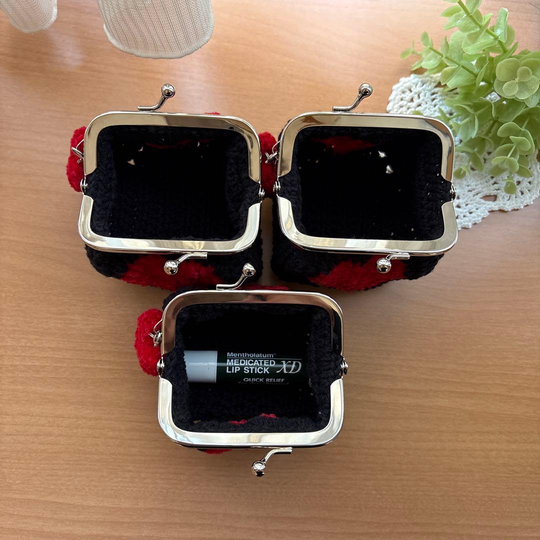 ハンドメイド かぎ編みがま口ポーチ モチーフ編み ハート 3点 チャーム