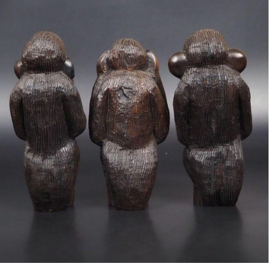 送料無料　木彫 唐木鉄刀木製三猿置物　高さ約17cm