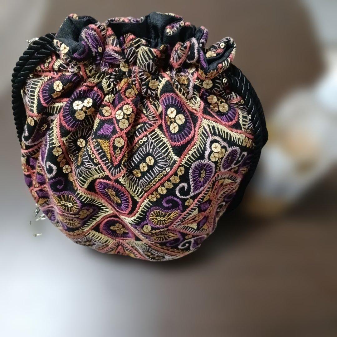 シルク巾着袋インド刺繍ポトリ風2wayショルダー