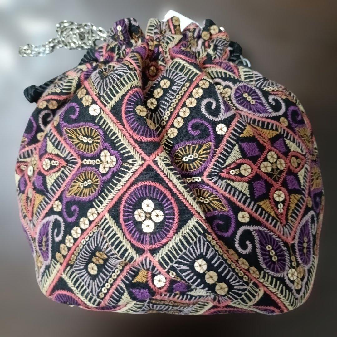 シルク巾着袋インド刺繍ポトリ風2wayショルダー