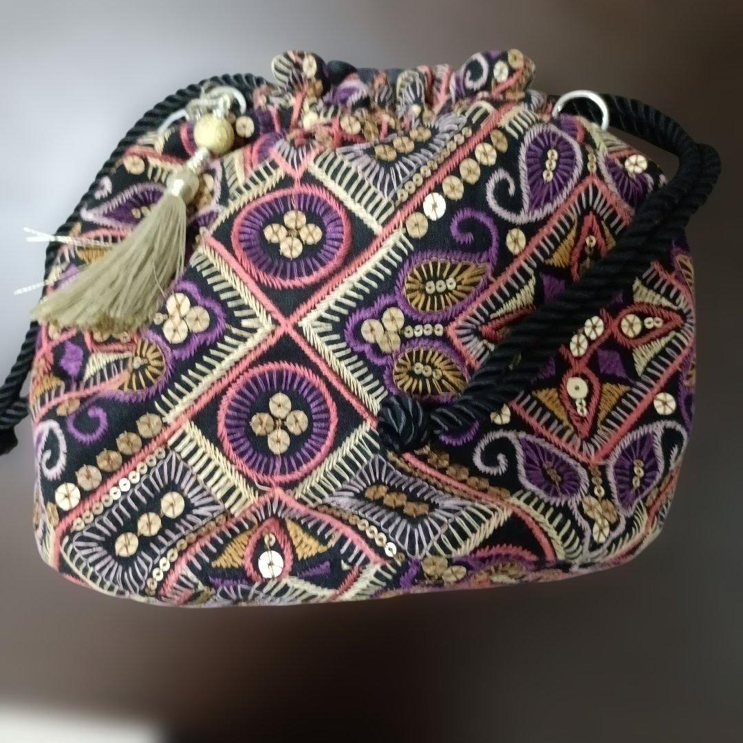 シルク巾着袋インド刺繍ポトリ風2wayショルダー