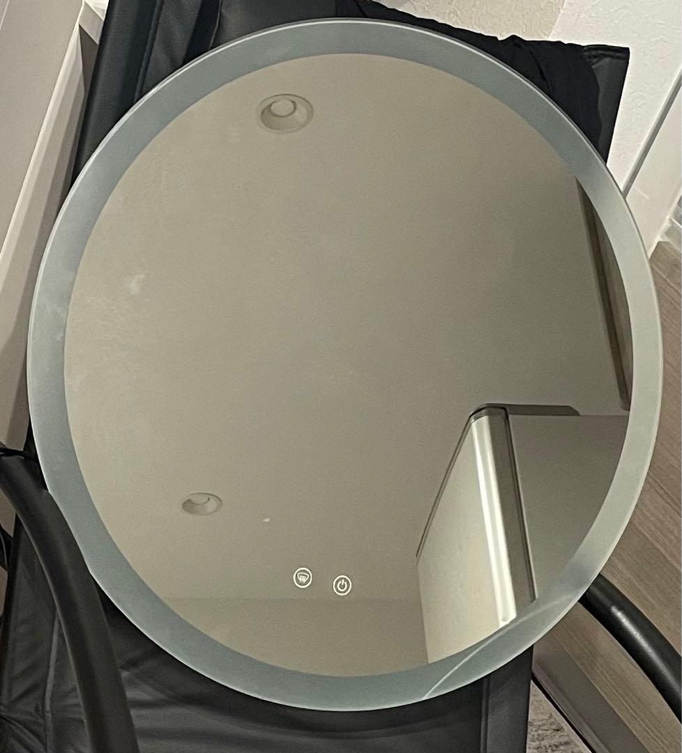 【美品】LED女優ミラー丸型60cm曇り止め＆調光機能付きタッチ式洗面鏡ホテル風