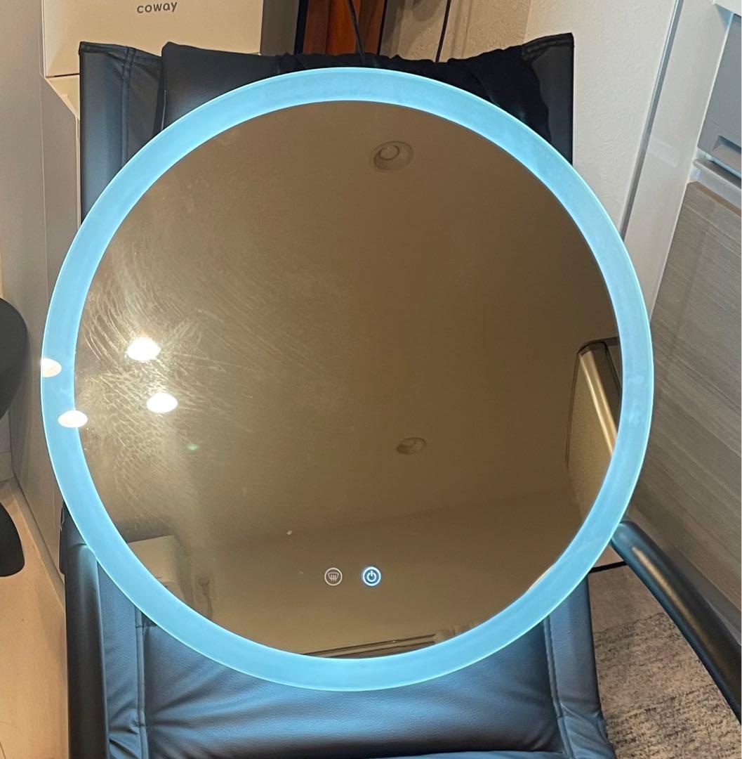 【美品】LED女優ミラー丸型60cm曇り止め＆調光機能付きタッチ式洗面鏡ホテル風