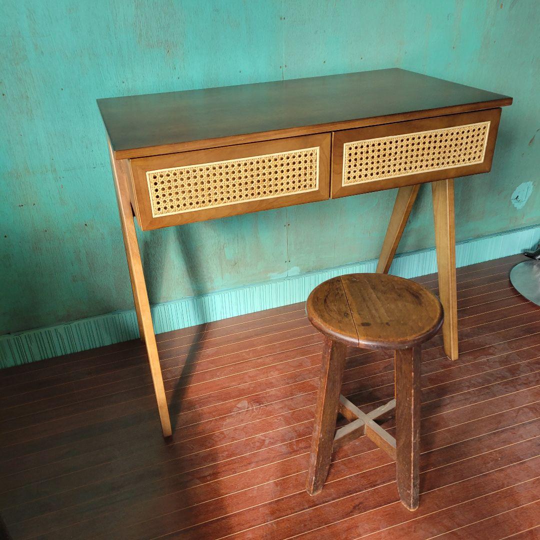 送料込みラタン×ウォルナット デスク 引き出し付 ヴィンテージ調 北欧モダン