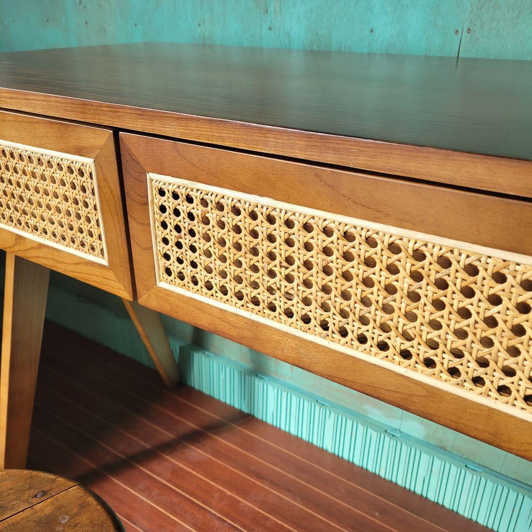 送料込みラタン×ウォルナット デスク 引き出し付 ヴィンテージ調 北欧モダン