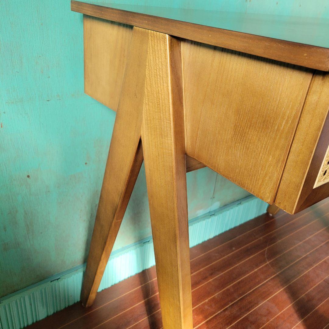 送料込みラタン×ウォルナット デスク 引き出し付 ヴィンテージ調 北欧モダン