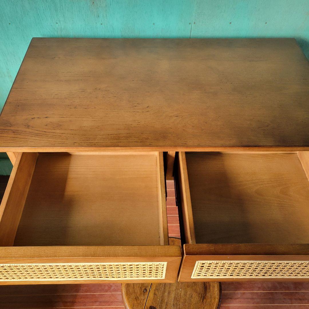 送料込みラタン×ウォルナット デスク 引き出し付 ヴィンテージ調 北欧モダン