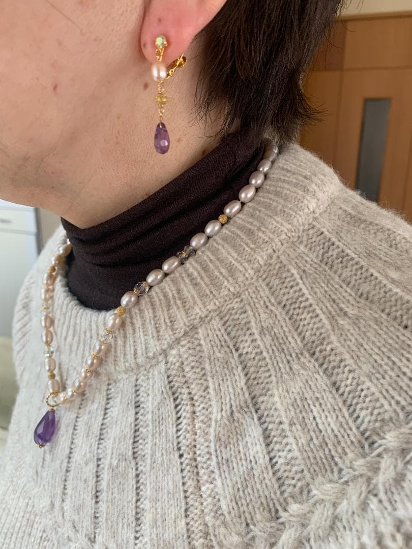 赤系ビーズとパールのアクセサリーセット