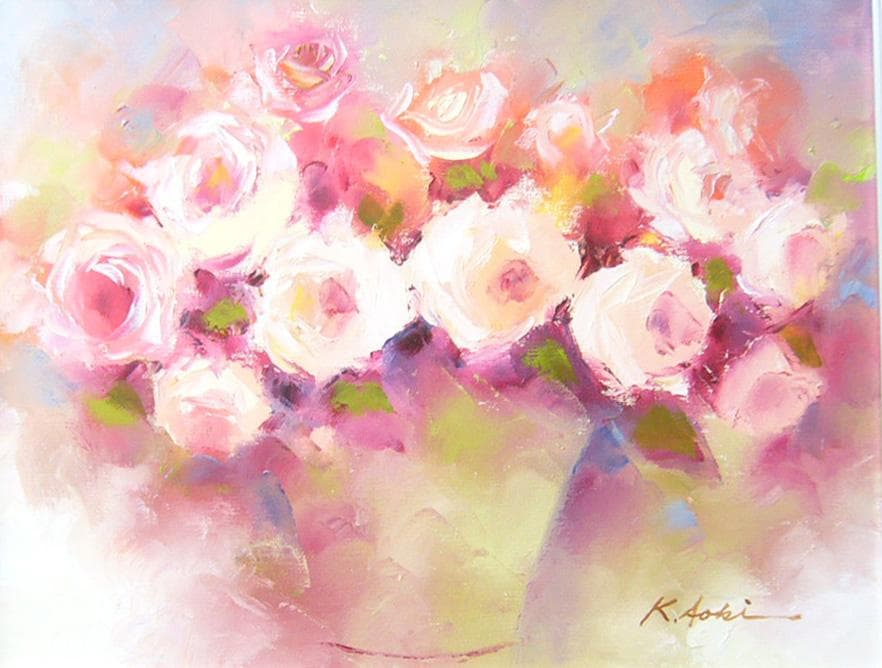 絵画 油絵 青木今陽 静物画 白とピンクの薔薇 - メルカリ