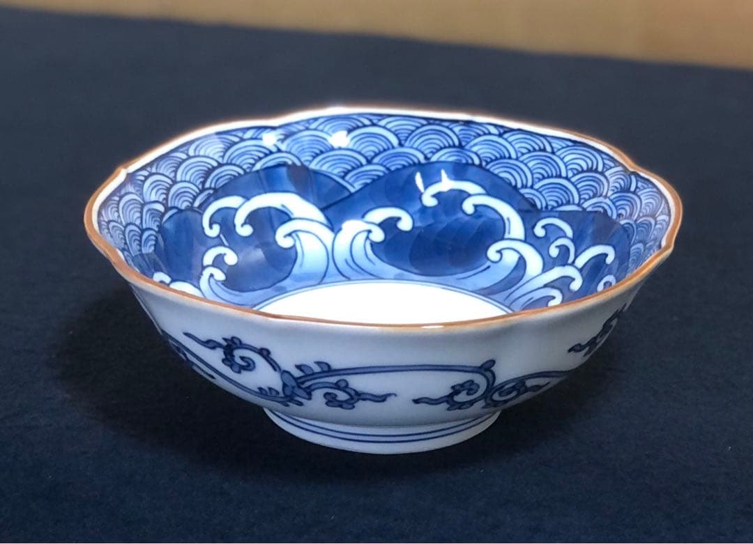 《レ》有田焼 源右衛門作 輪花 染付四海波 小鉢5客 共箱　251201お2