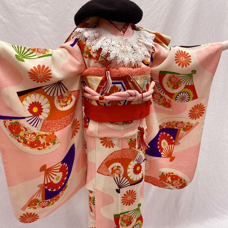 508ag7◎七五三 七歳 女児 アンティーク着物&丸帯 総柄 レトロ 桜色◎