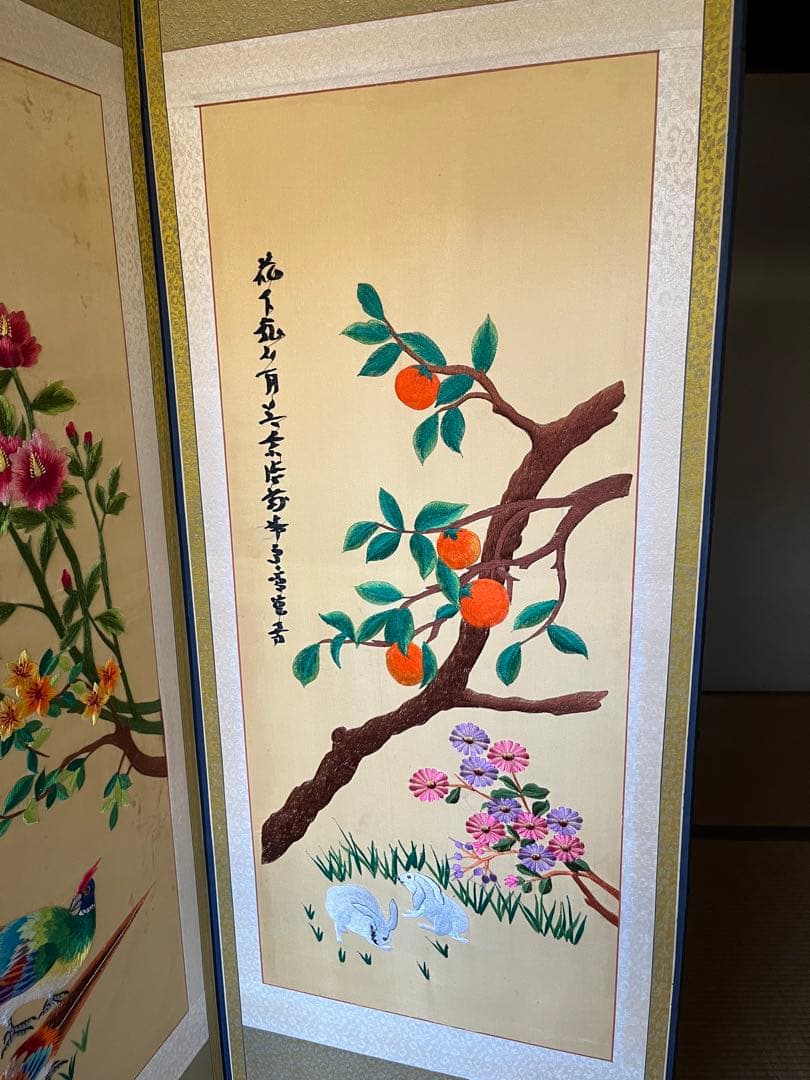 中国 刺繍屏風 刺繍絵 古美術 インテリア 骨董 アンティーク 花 鳥 動物