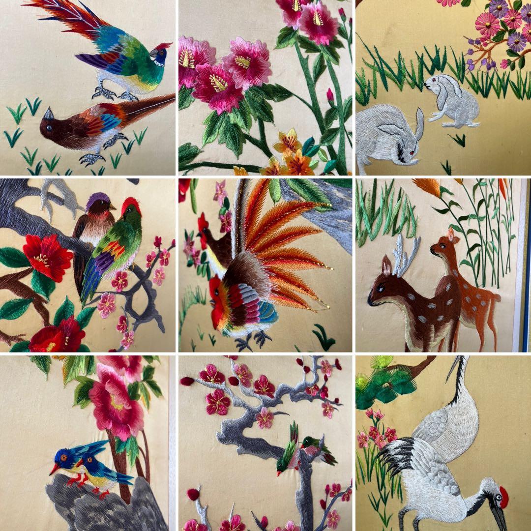 中国 刺繍屏風 刺繍絵 古美術 インテリア 骨董 アンティーク 花 鳥 動物