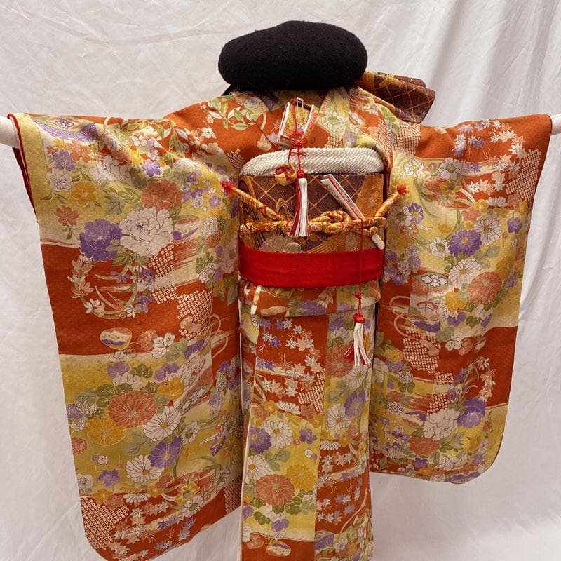 512ag40◎七五三 七歳 女児 アンティーク着物&袋帯 レトロ オレンジ◎