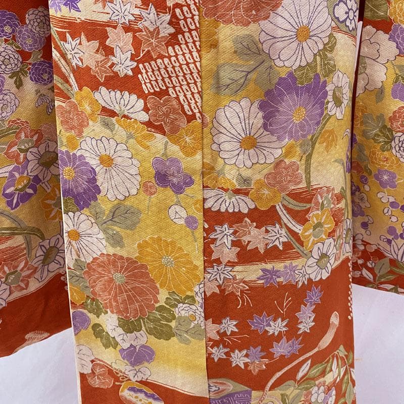 512ag40◎七五三 七歳 女児 アンティーク着物&袋帯 レトロ オレンジ◎