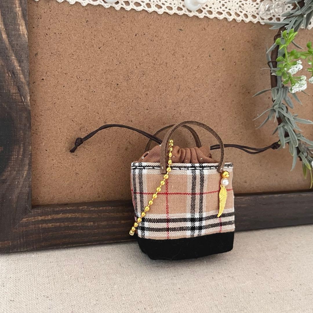 2411-7 ミニチュア巾着トートサシェ 香り袋 タータンチェック ベージュ切替