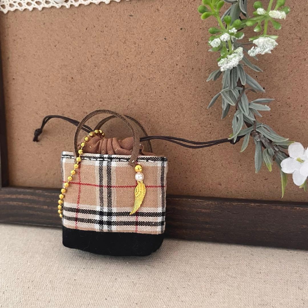 2411-7 ミニチュア巾着トートサシェ 香り袋 タータンチェック ベージュ切替