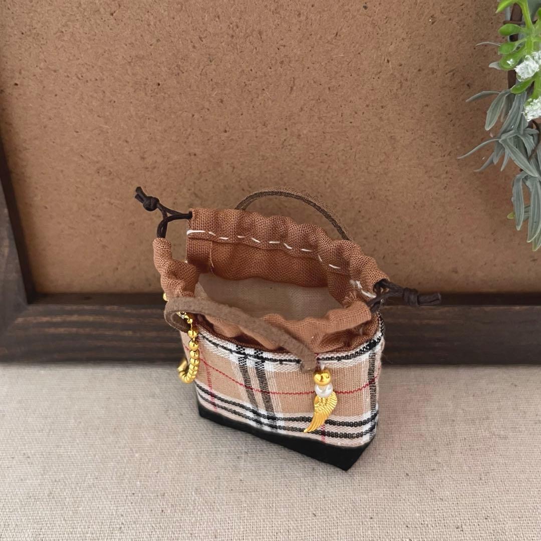 2411-7 ミニチュア巾着トートサシェ 香り袋 タータンチェック ベージュ切替