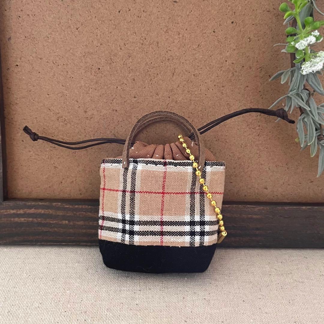 2411-7 ミニチュア巾着トートサシェ 香り袋 タータンチェック ベージュ切替