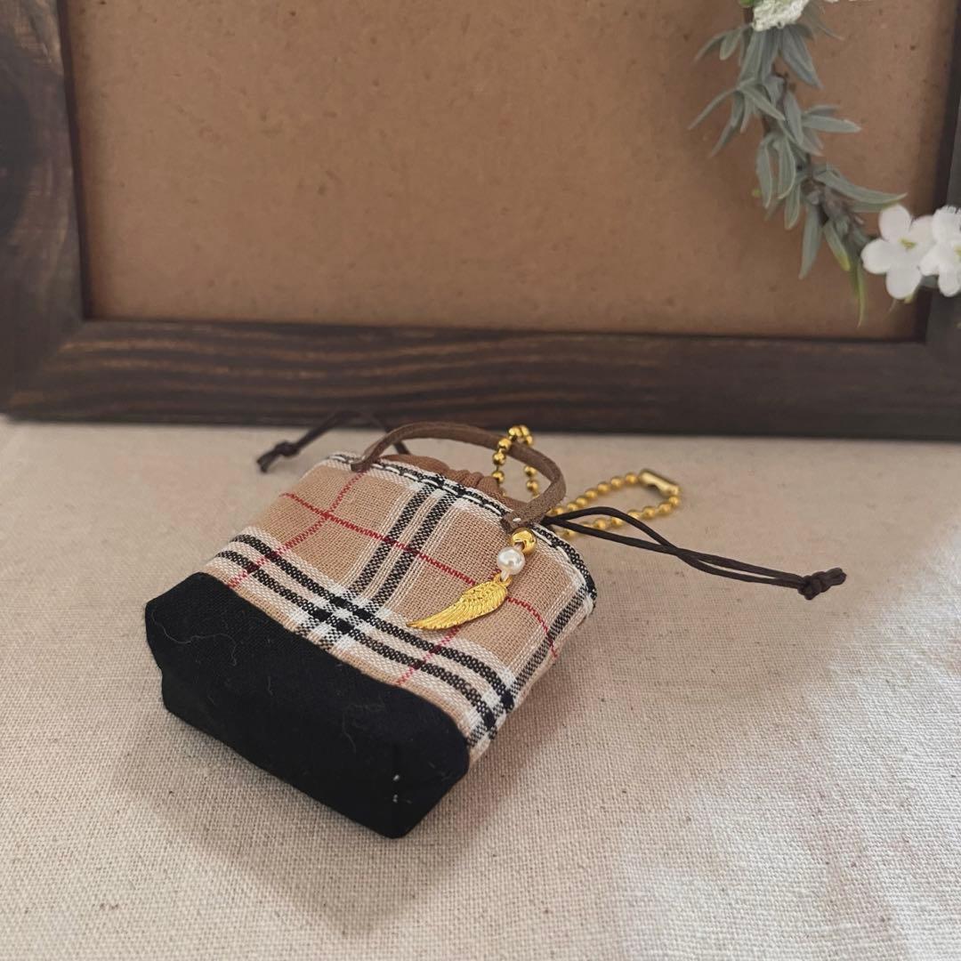 2411-7 ミニチュア巾着トートサシェ 香り袋 タータンチェック ベージュ切替