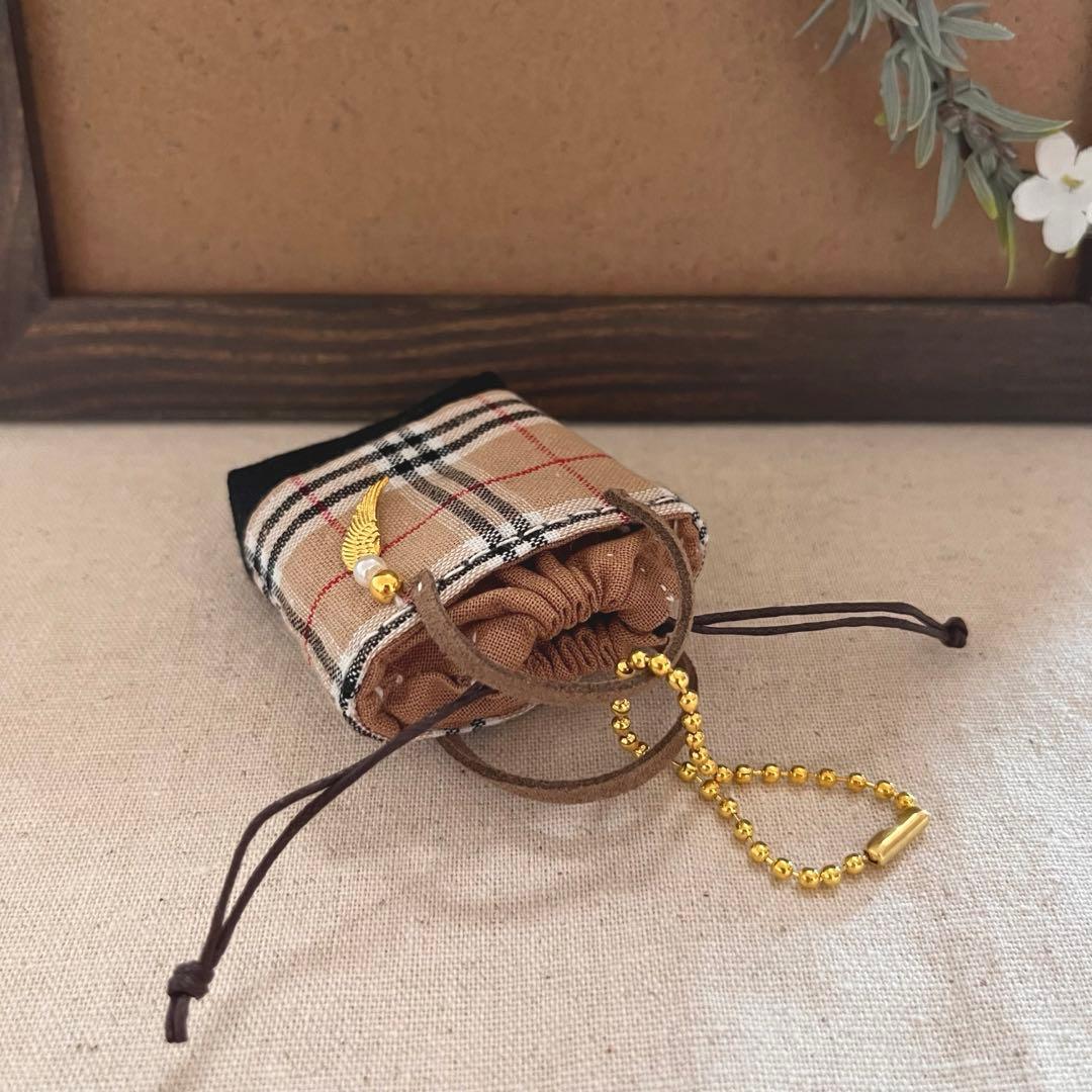 2411-7 ミニチュア巾着トートサシェ 香り袋 タータンチェック ベージュ切替