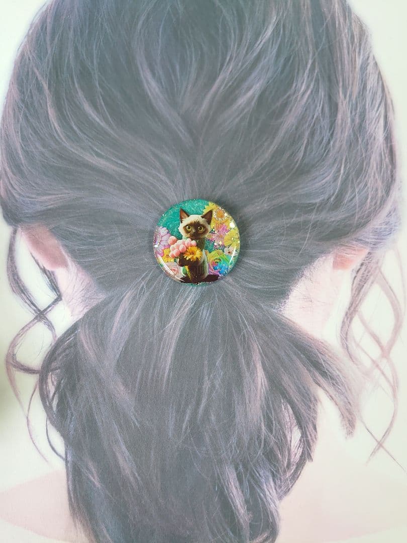 レジン猫ヘアゴムブローチポニーフックNo.632