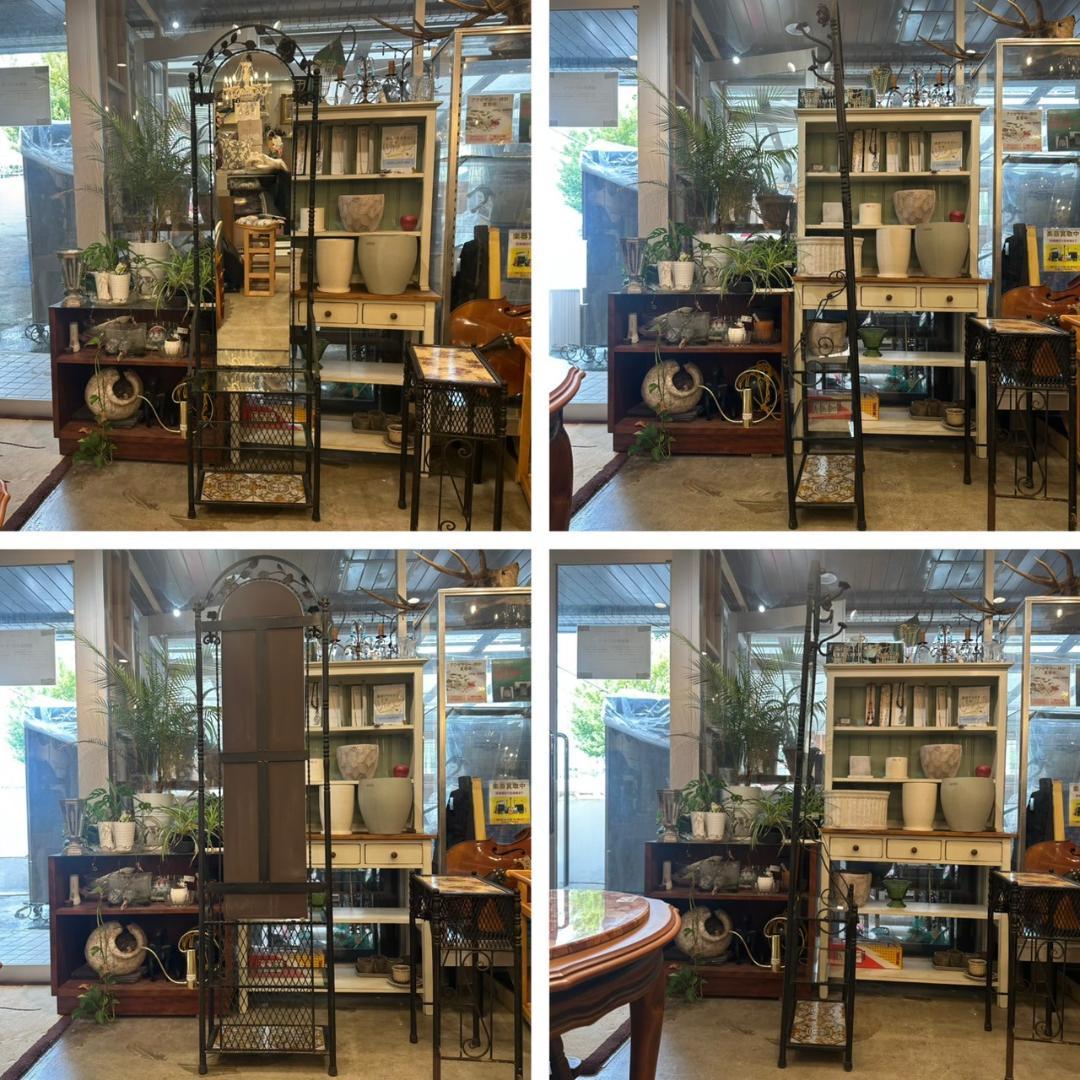 iΦ【2点セット】アンティーク アイアン家具 ミラー付き ラック 飾り棚