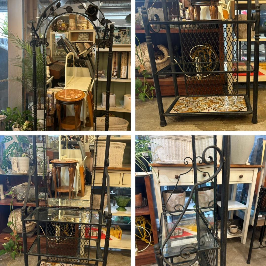 iΦ【2点セット】アンティーク アイアン家具 ミラー付き ラック 飾り棚