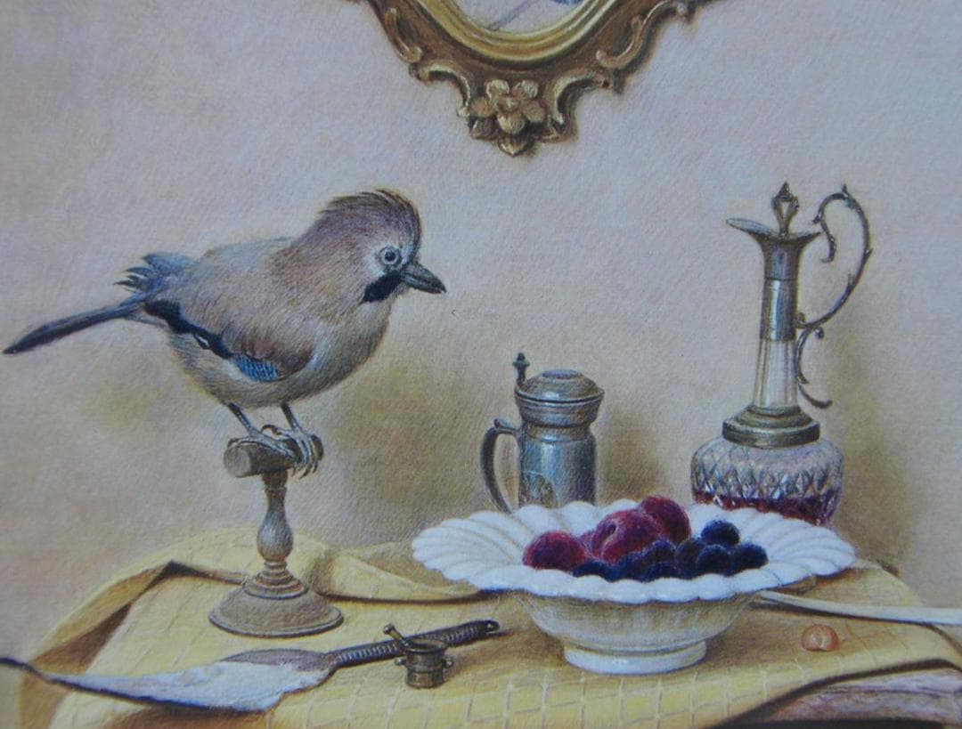 桜庭 優、「鳥と果物」、希少画集・額装画、日本製・新品額縁にて額装致します