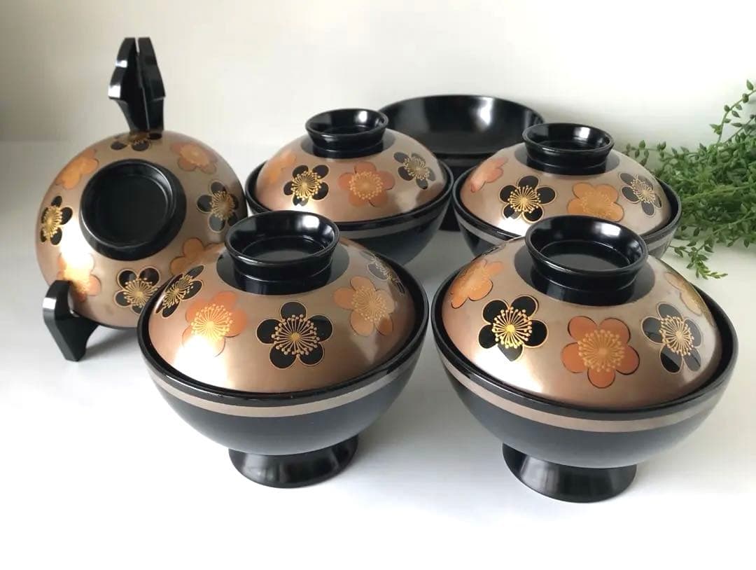 稀少　色絵柄　能登輪島塗 蒔絵 木製　蓋付椀 煮物椀　吸物椀　5客セット　共箱