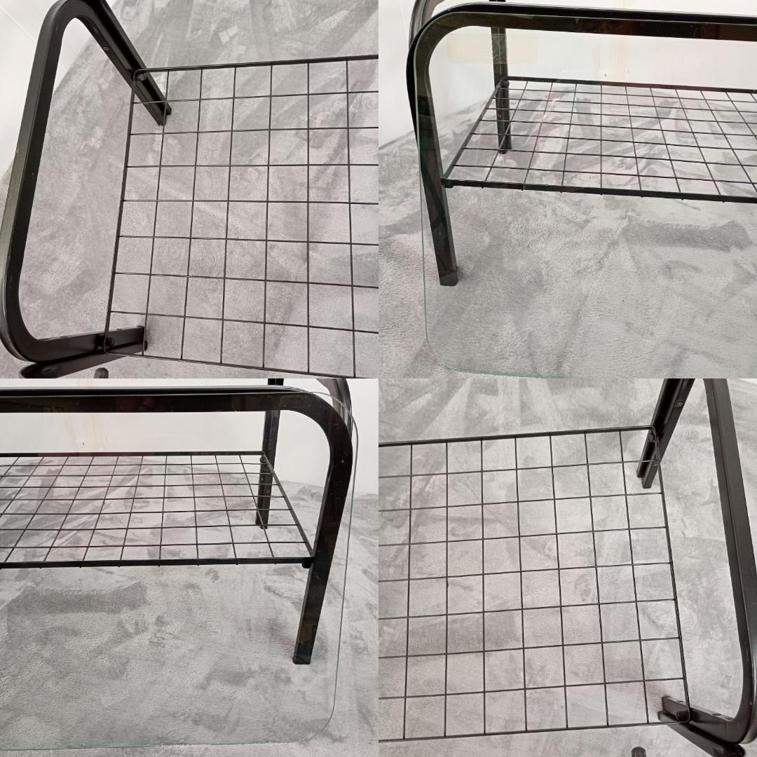 昭和レトロ ガラス アイアンフレーム ローテーブル 網棚付き ブラック 黒