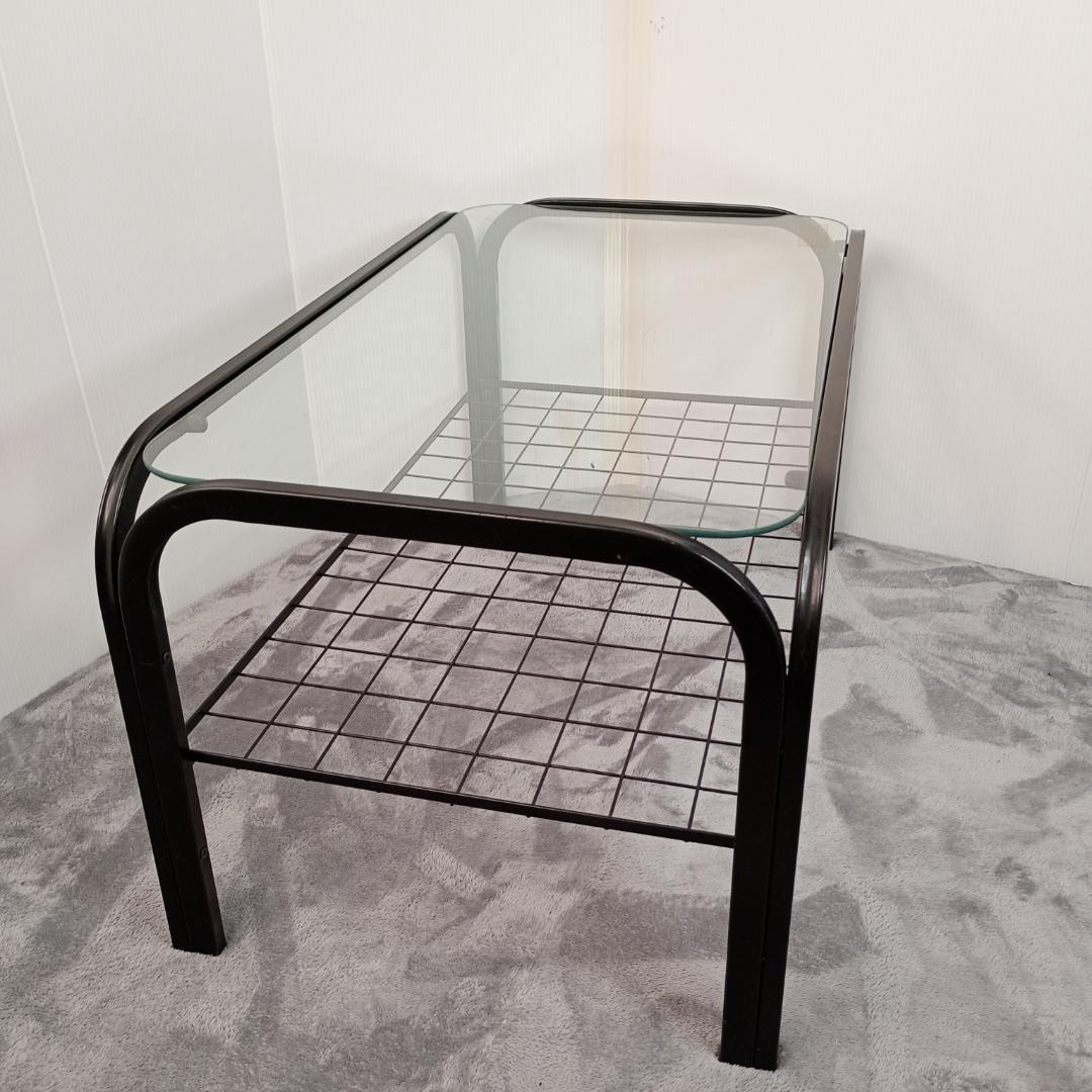 昭和レトロ ガラス アイアンフレーム ローテーブル 網棚付き ブラック 黒