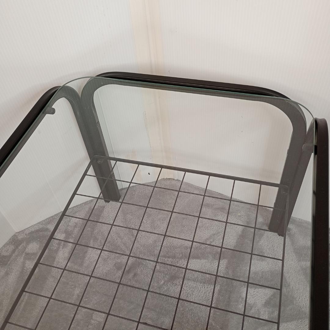 昭和レトロ ガラス アイアンフレーム ローテーブル 網棚付き ブラック 黒