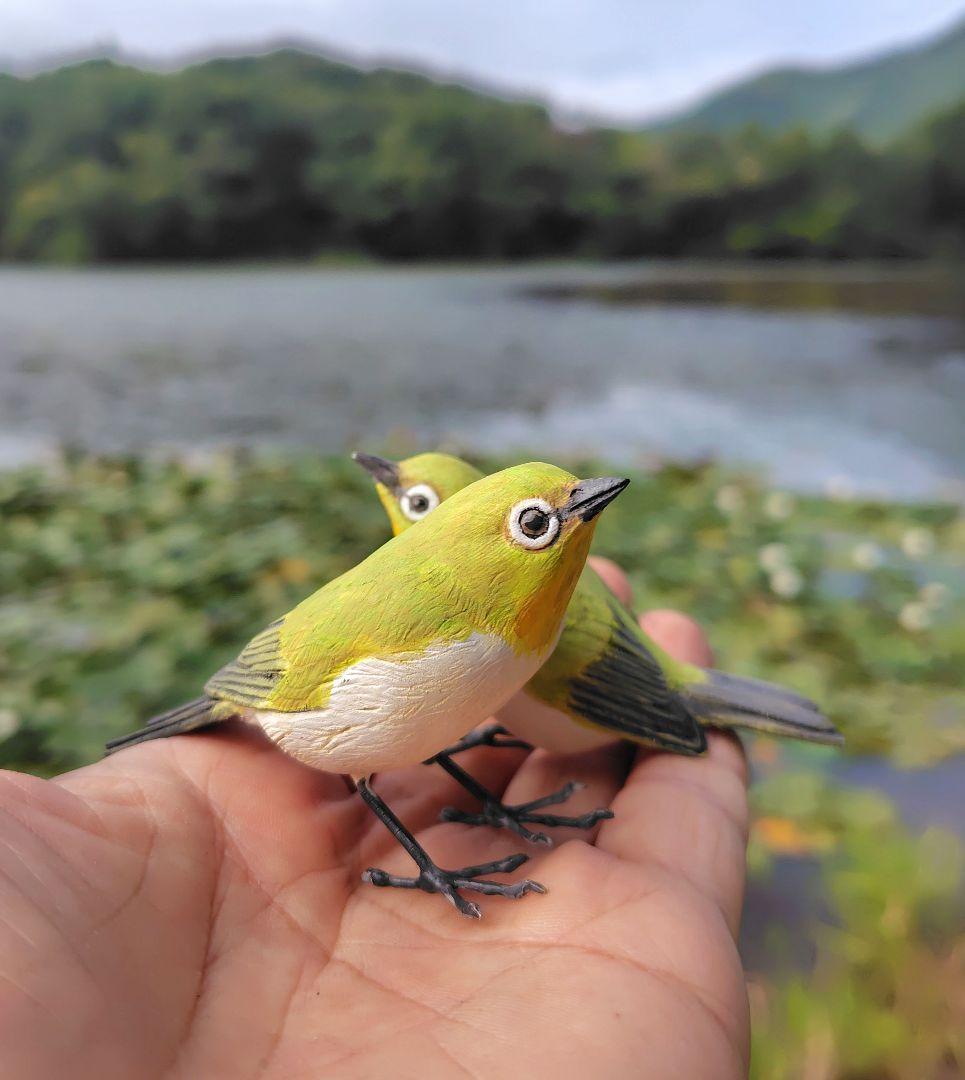 小さなバードカービング メジロ 野鳥 木彫り
