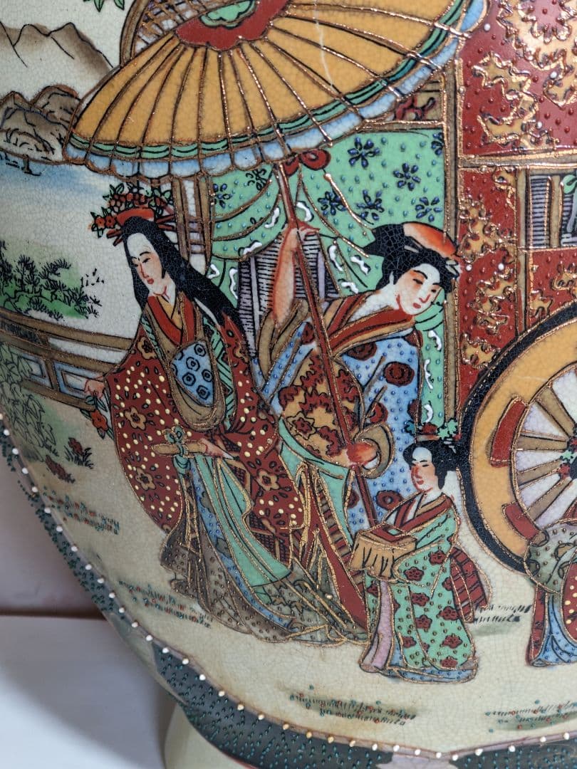 ♢ 美人花車上杉武田川中島決戦図 壷 薩摩 九谷焼 置物飾り 古美術骨董