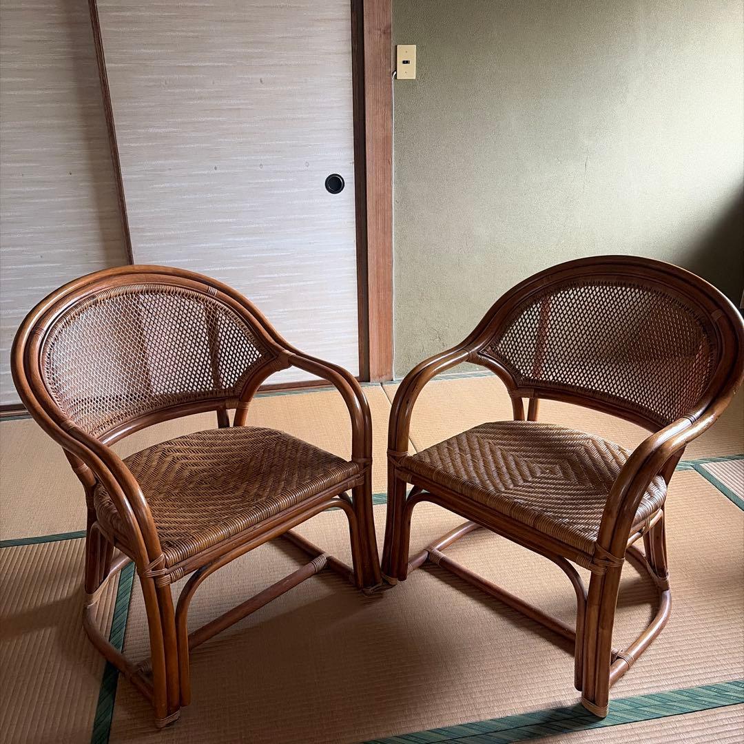 オールドラタン 籐 椅子 アームチェア 二脚セット昭和レトロ - メルカリ