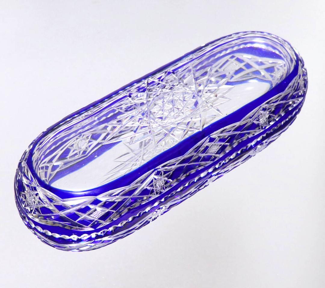 オールド・バカラ 上級作品 青色装飾 長皿 切子 24.4cm 大型 プレート