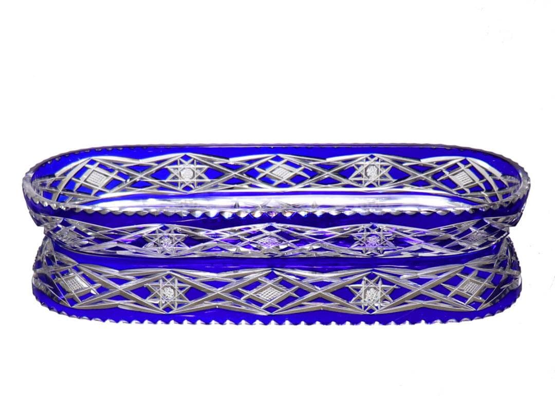 オールド・バカラ 上級作品 青色装飾 長皿 切子 24.4cm 大型 プレート