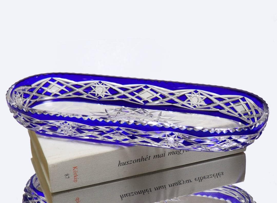 オールド・バカラ 上級作品 青色装飾 長皿 切子 24.4cm 大型 プレート