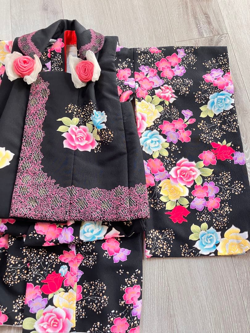 七五三 ３歳　着物３点セット 花柄 黒