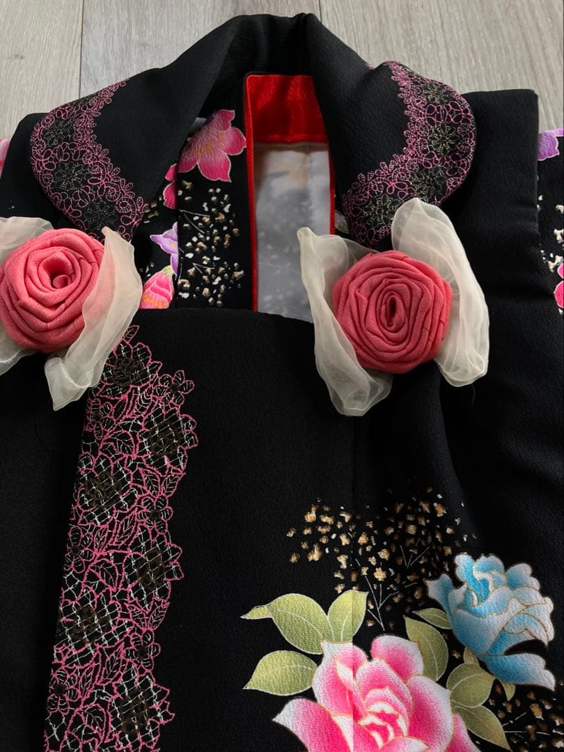 七五三 ３歳　着物３点セット 花柄 黒
