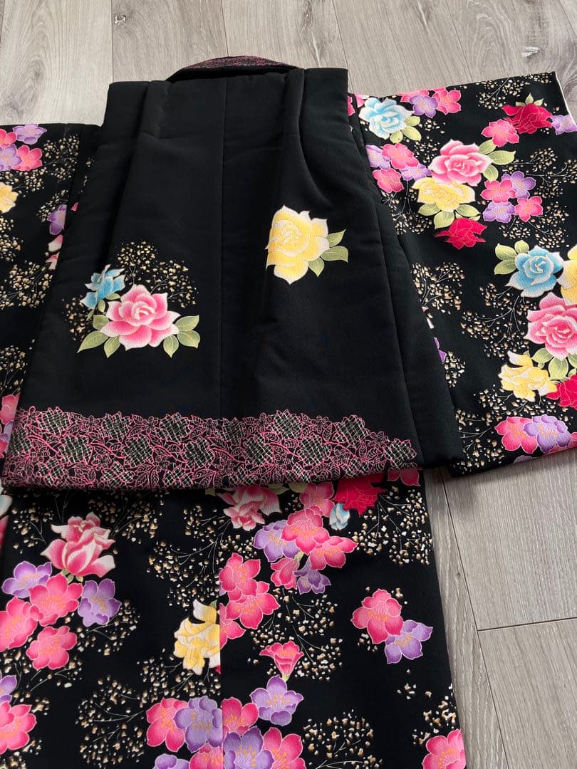 七五三 ３歳　着物３点セット 花柄 黒