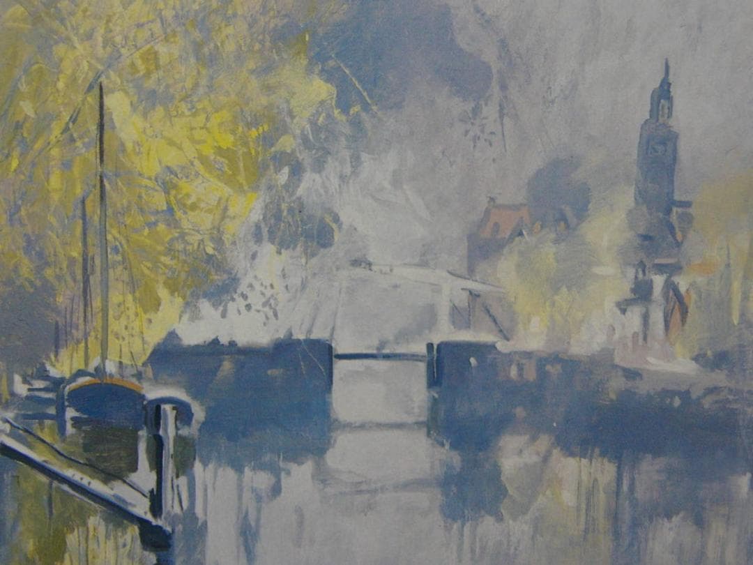 岡 義実、「春のロッテルダム」、希少画集・額装画、新品額縁にて額装致します