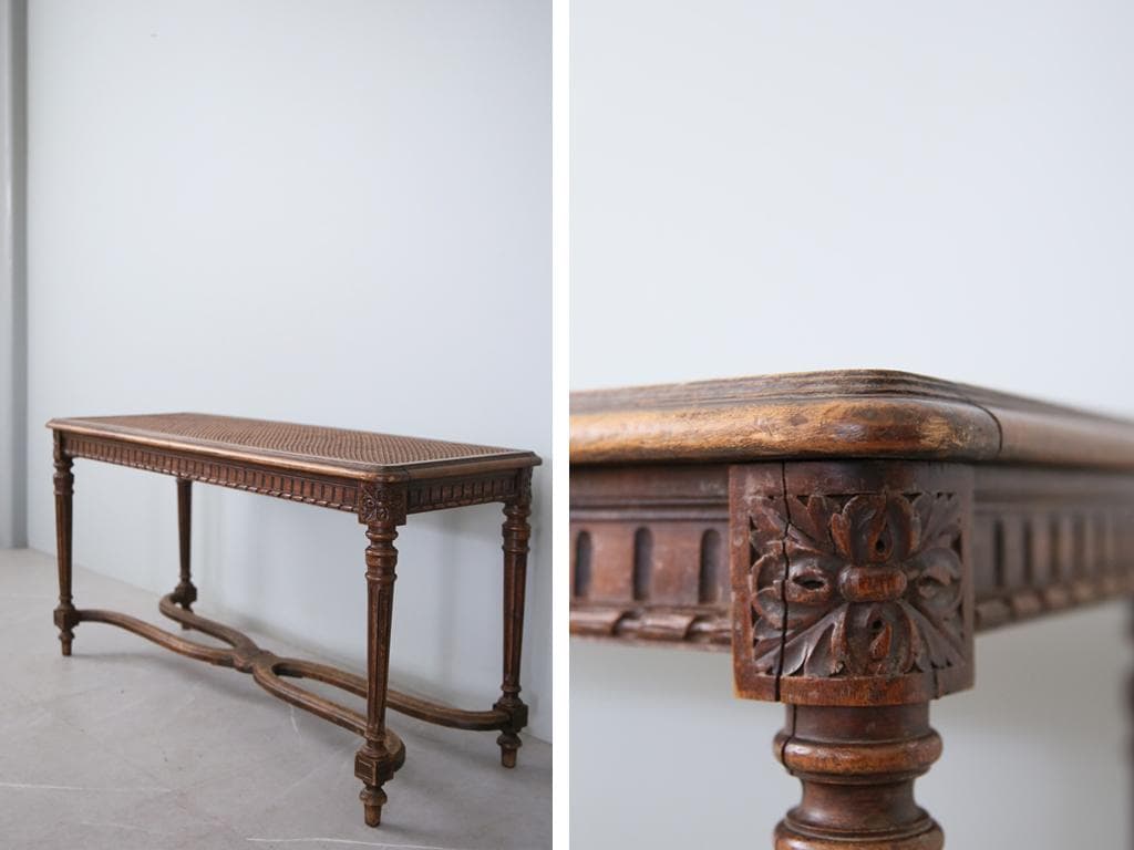 フランスアンティーク木製ベンチスツール/長椅子イス/腰掛け/籐ラタン90-144