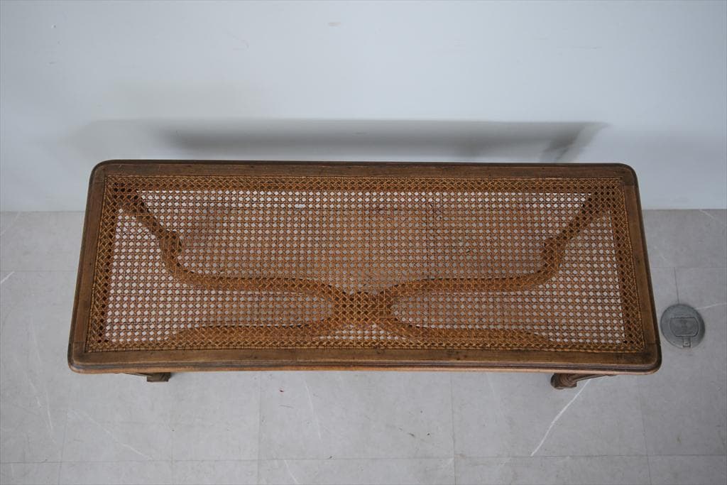 フランスアンティーク木製ベンチスツール/長椅子イス/腰掛け/籐ラタン90-144