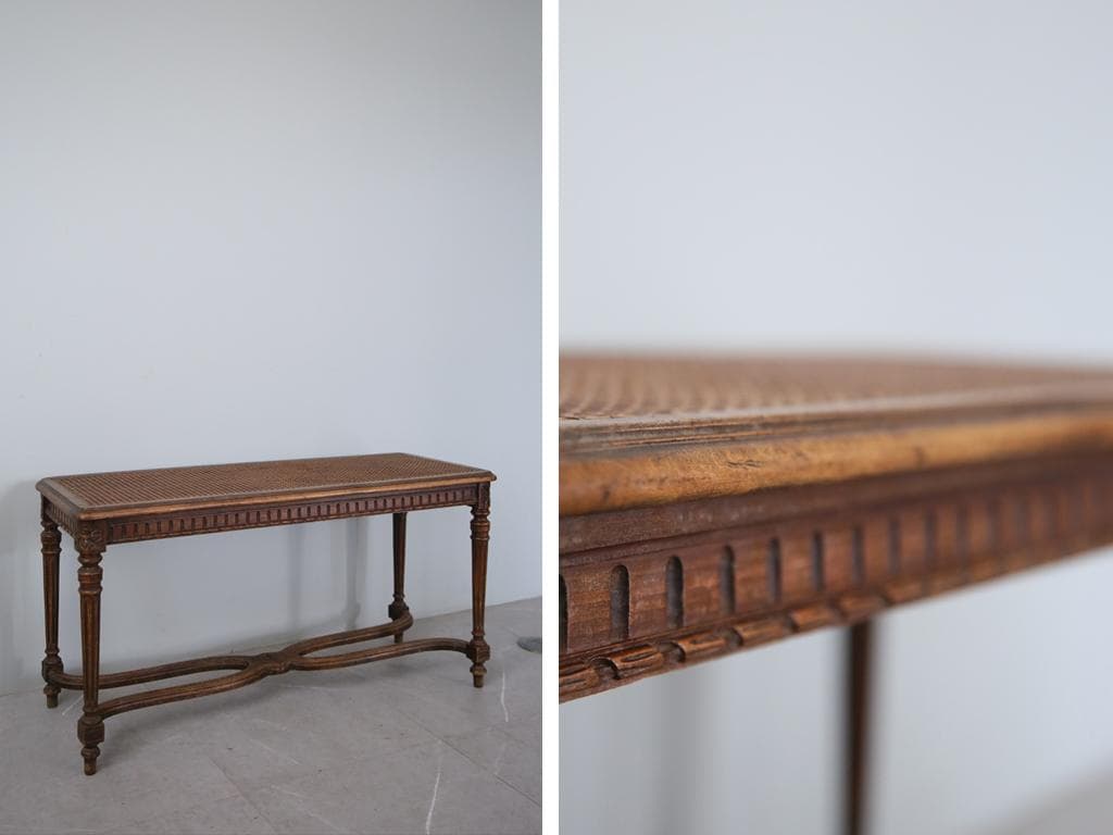 フランスアンティーク木製ベンチスツール/長椅子イス/腰掛け/籐ラタン90-144