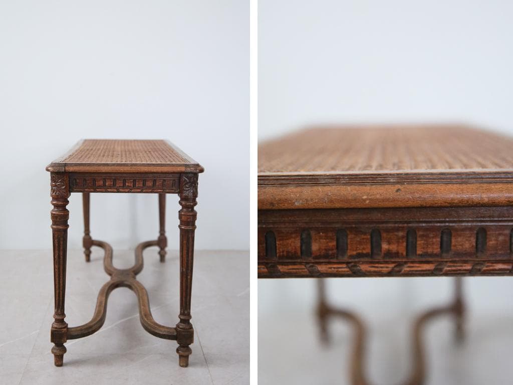 フランスアンティーク木製ベンチスツール/長椅子イス/腰掛け/籐ラタン90-144