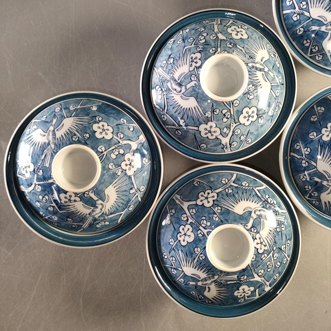 A1316-11/有田焼/源右衛門窯/染付梅鳥紋蓋向付5客/蓋茶碗/懐石道具/