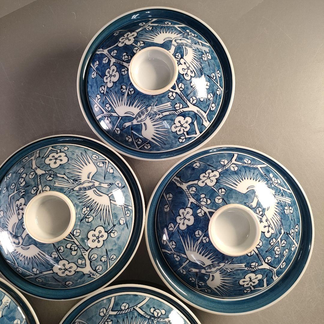 A1316-11/有田焼/源右衛門窯/染付梅鳥紋蓋向付5客/蓋茶碗/懐石道具/