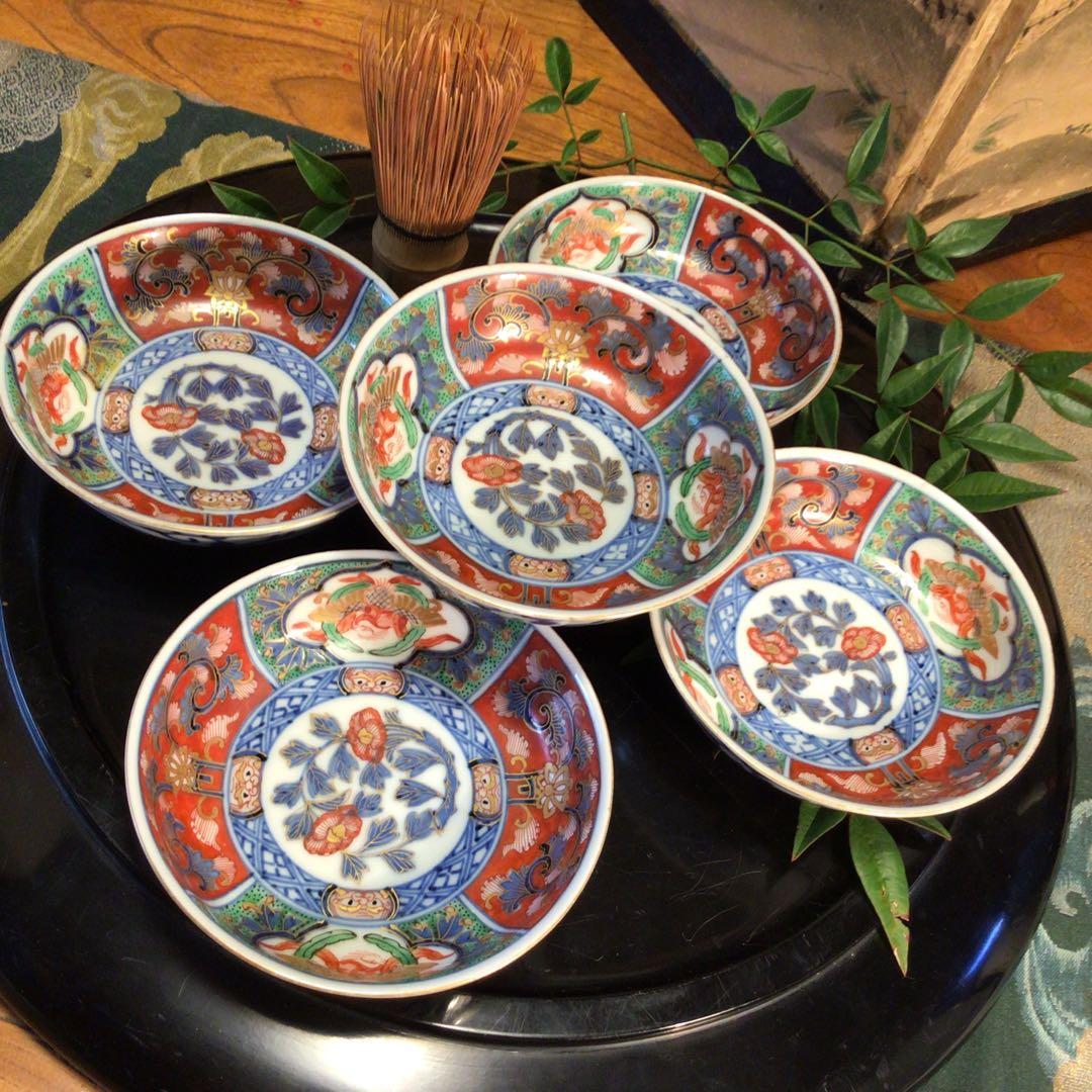 A745 古伊万里　極上　大聖寺伊万里　金蘭手　見込牡丹窓絵鳳凰紋様　5枚